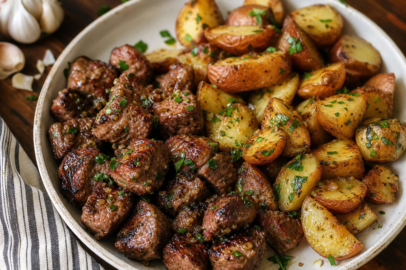 A close-up view of tender steak bites coated in rich garlic butter sauce