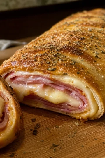Golden-brown ham and cheese stromboli ready to slice