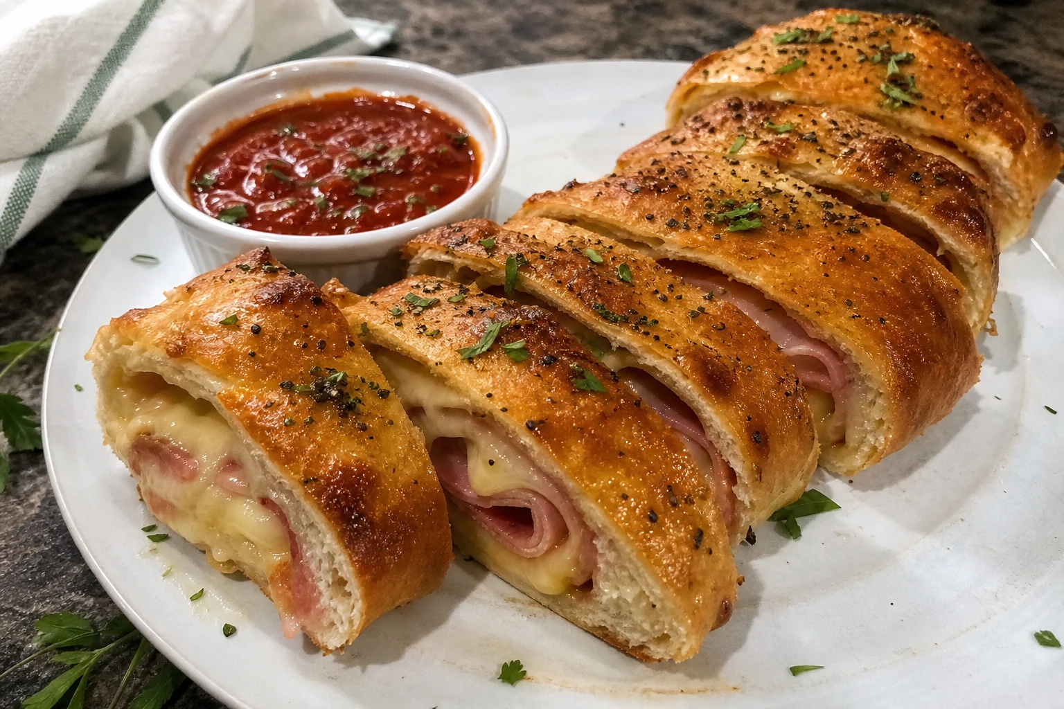 Close-up of a slice of ham and cheese stromboli with melted cheese