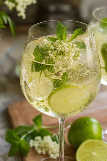 A refreshing Hugo Spritz drink garnished with mint and lemon