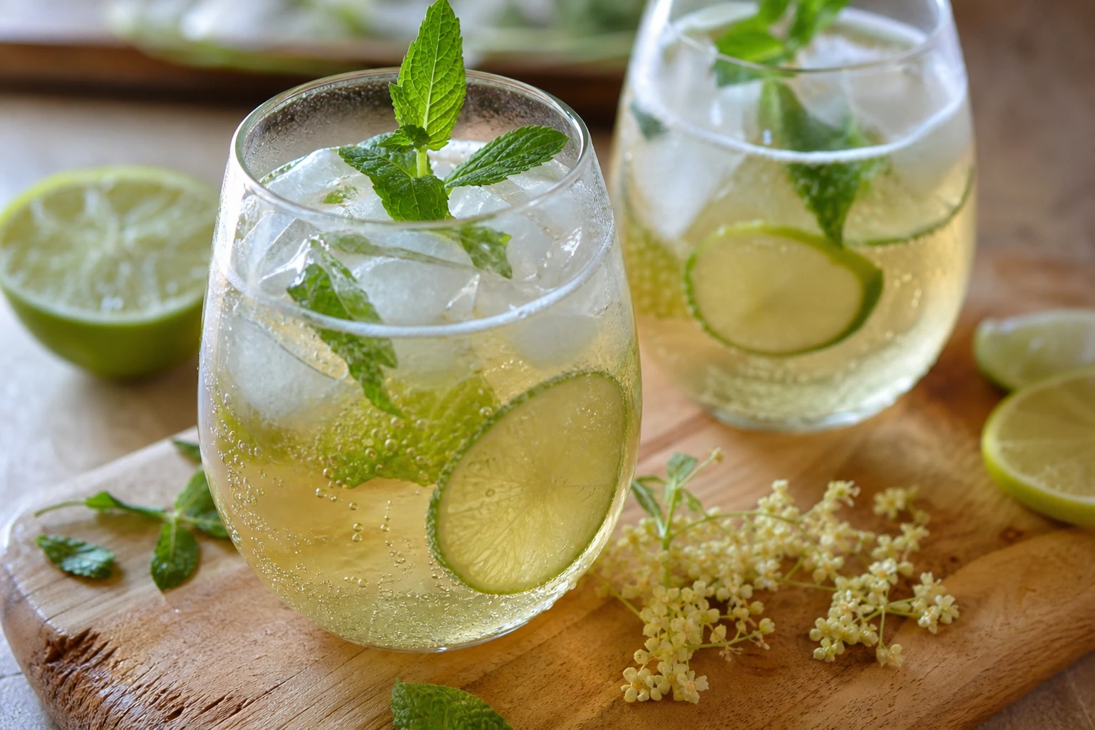Close-up of bubbles in a glass of Hugo Spritz