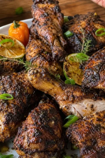 Grilled jerk chicken with vibrant spices and lime wedges