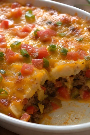 Baked John Wayne casserole topped with melted cheese