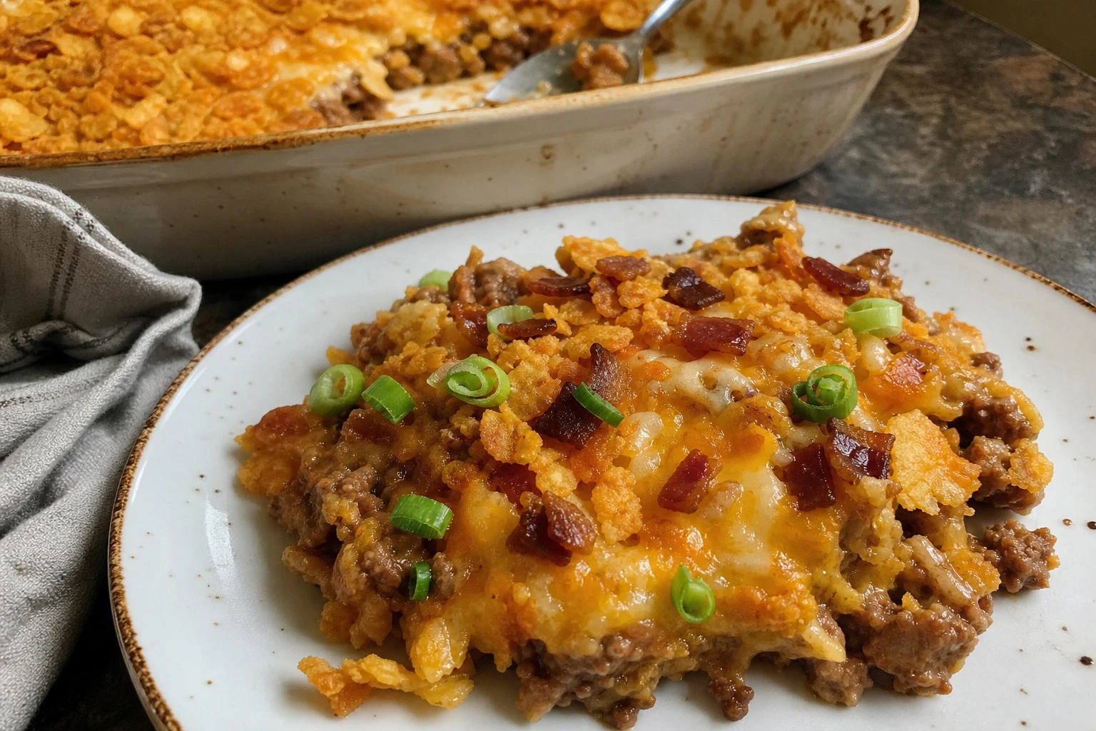 Serving of John Wayne casserole on a plate with toppings