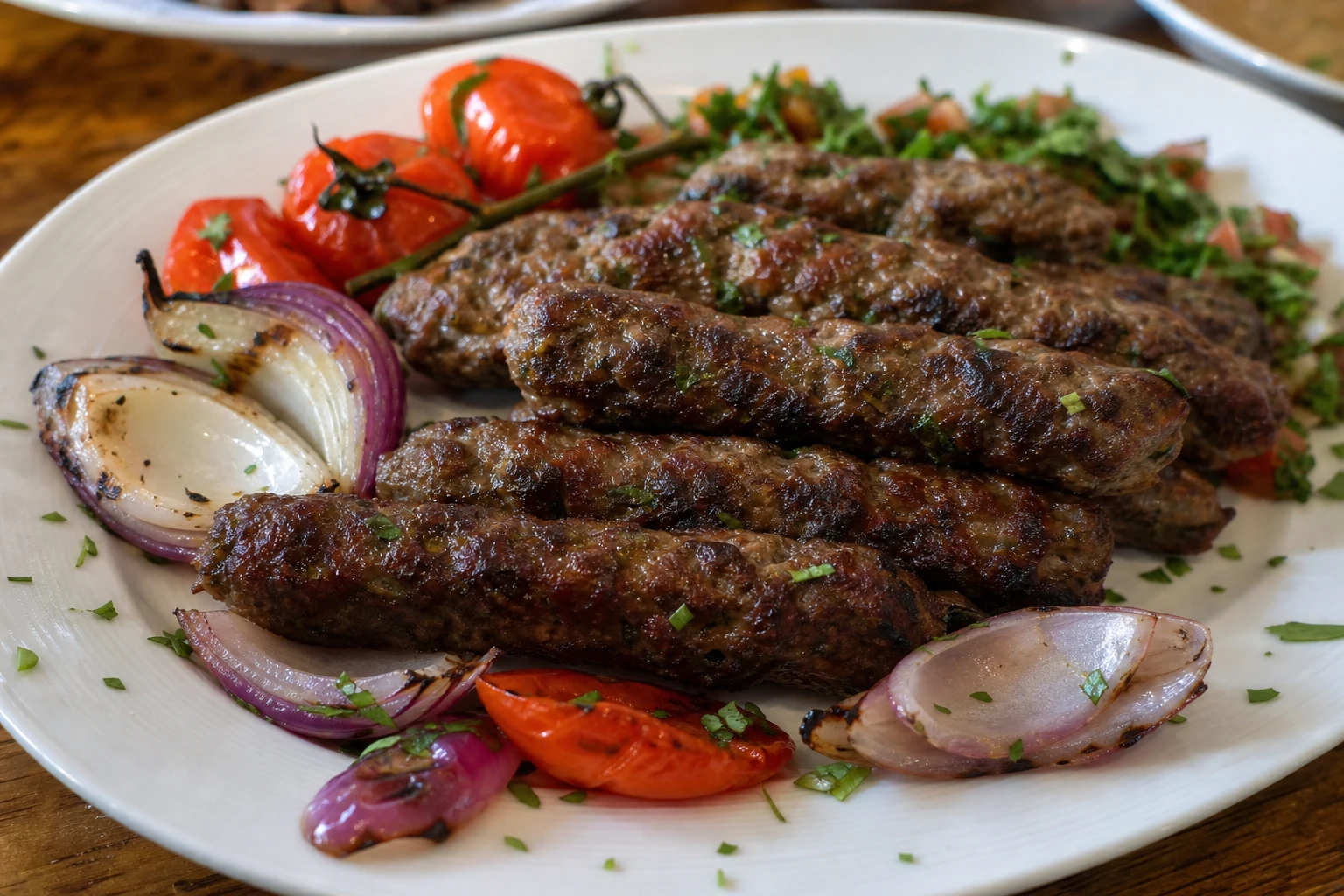 A platter of deliciously charred Kafta Kebabs ready for serving