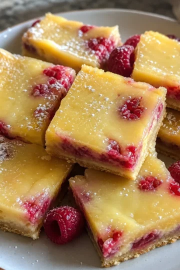 Freshly baked Lemon Raspberry Bars sliced into squares.