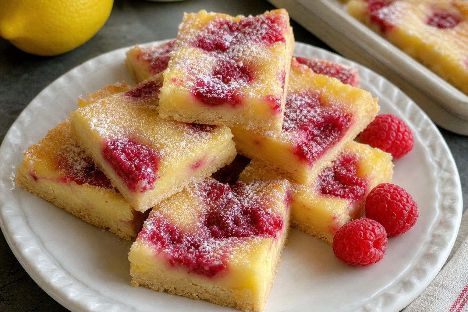 A vibrant display of Lemon Raspberry Bars with raspberries on top.