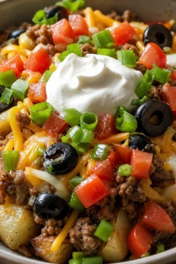 A colorful Loaded Potato Taco Bowl topped with cheese and fresh veggies.