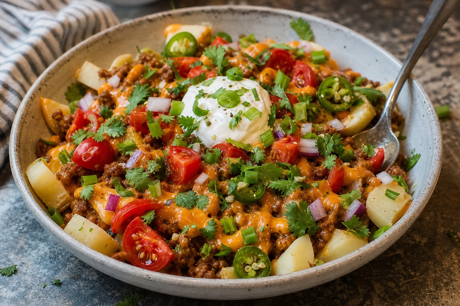 Baked potatoes filled with vibrant taco toppings, served in a bowl.