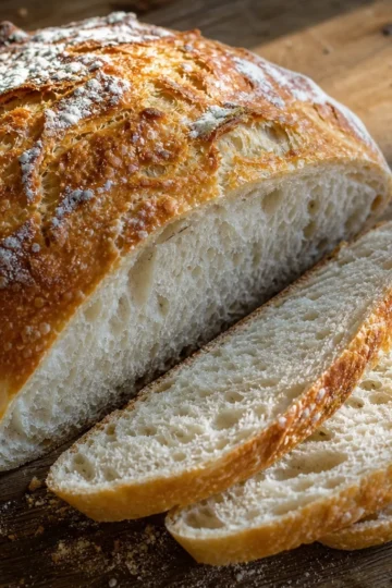 Freshly baked No-Knead Bread cooling on a wire rack