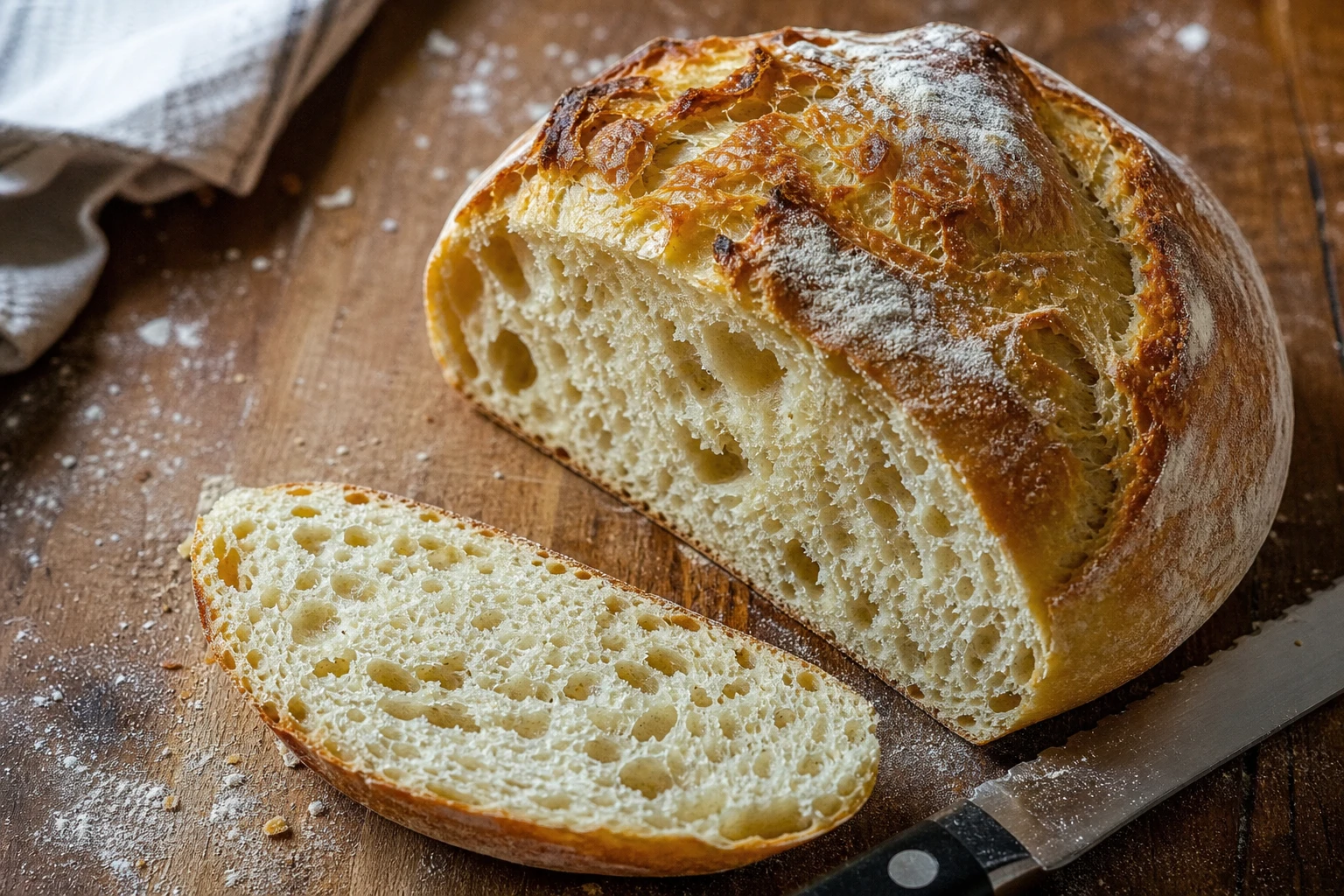 Slice of golden crusty No-Knead Bread with butter
