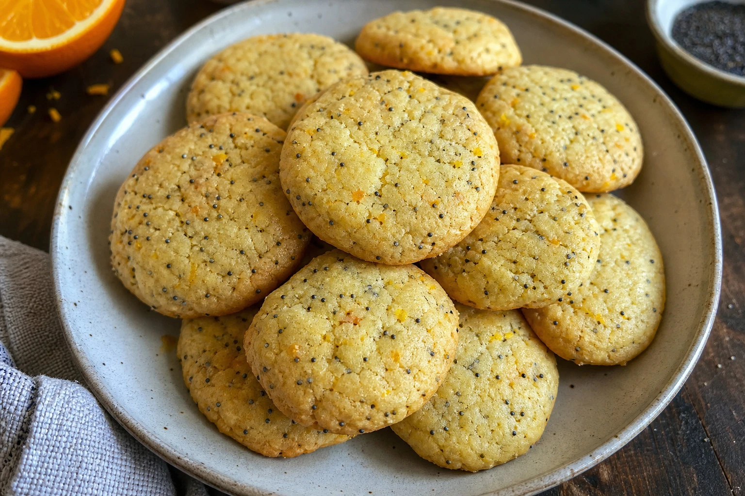 Close-up of orange zest and poppy seeds