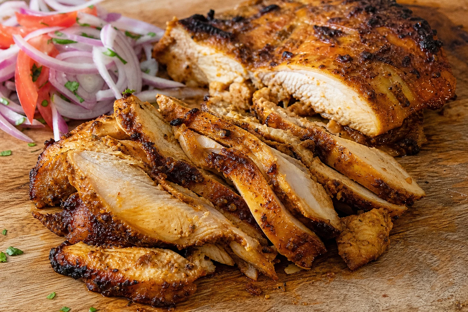 Close-up of spicy and aromatic chicken thighs