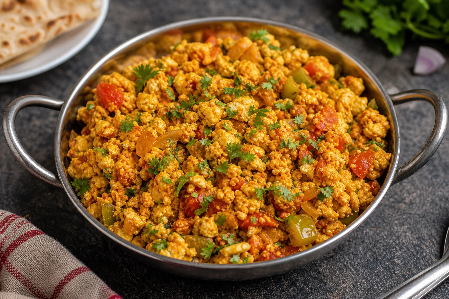 Golden paneer bhurji served with warm naan.