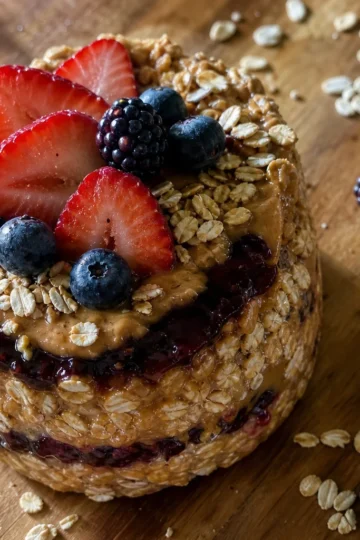 Close-up of PB&J overnight oats in a jar with fresh berries on top