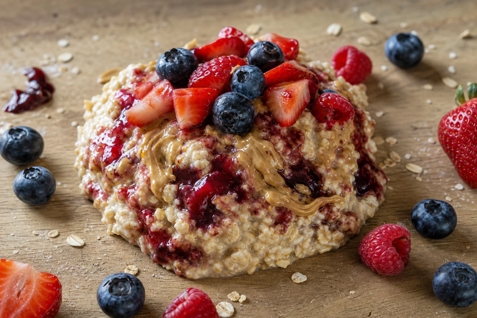 A bowl of mixed berries beside a jar of peanut butter overnight oats