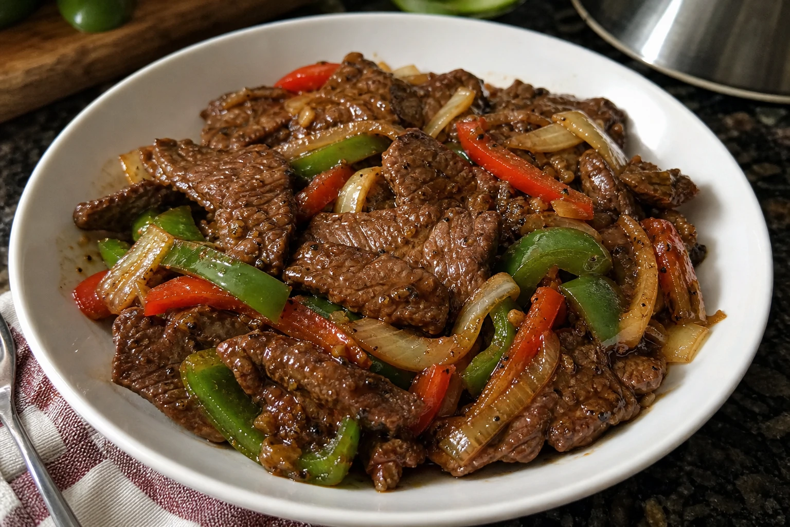 Close-up of stir-fried beef with vegetables in a wok