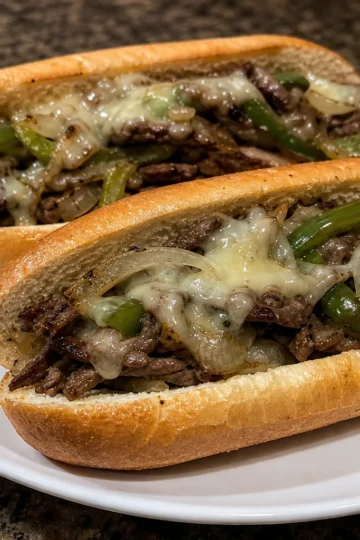 Delicious Philly cheesesteak sandwich with melted cheese and saut3 onions.