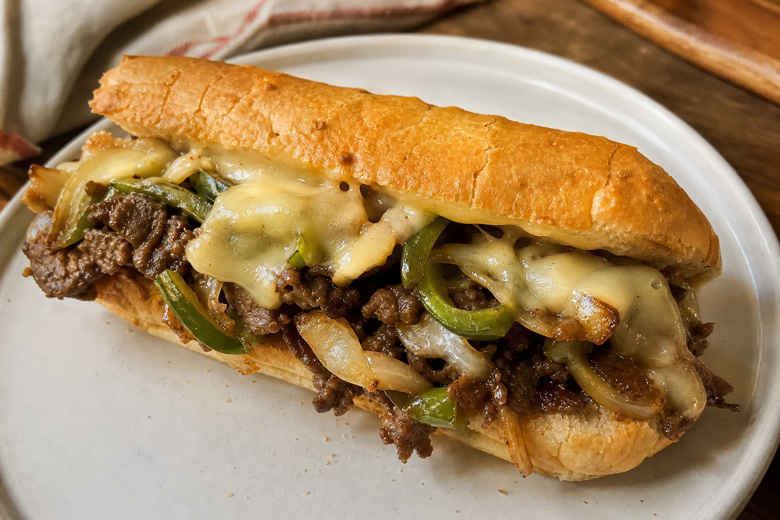 Homemade Philly cheesesteak ready to be served on a fresh hoagie roll.