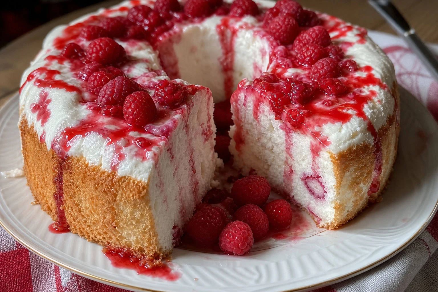Whole Raspberry Angel Food Cake on a decorative plate