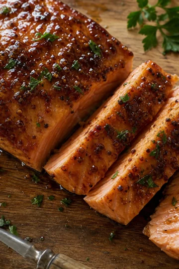 Golden roasted salmon fillet glistening with brown sugar glaze