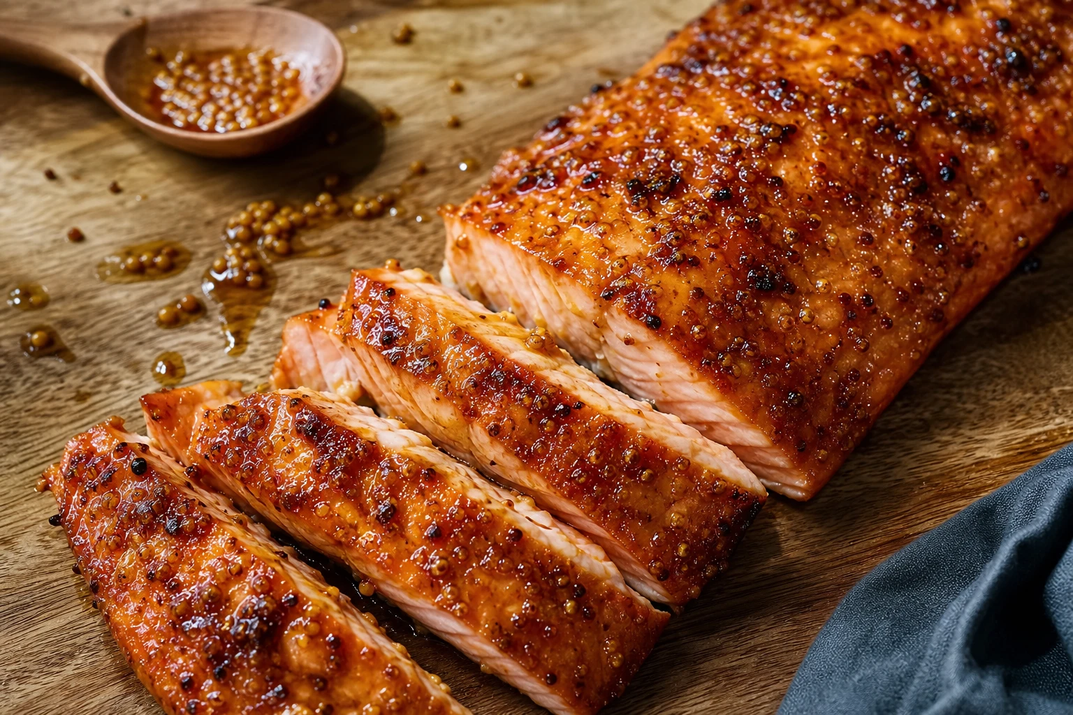 Plated roasted salmon with fresh herbs and lemon wedges
