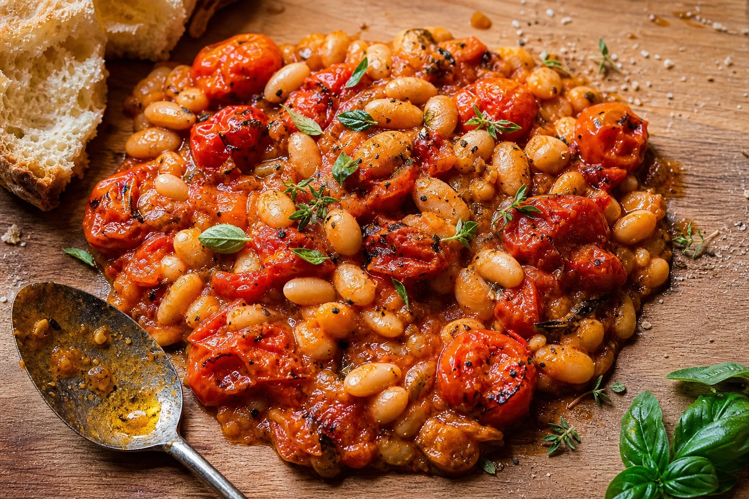 Roasted tomatoes on a baking sheet, glistening with olive oil.