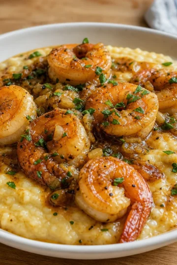 A bowl of creamy shrimp and grits topped with green onions and bacon
