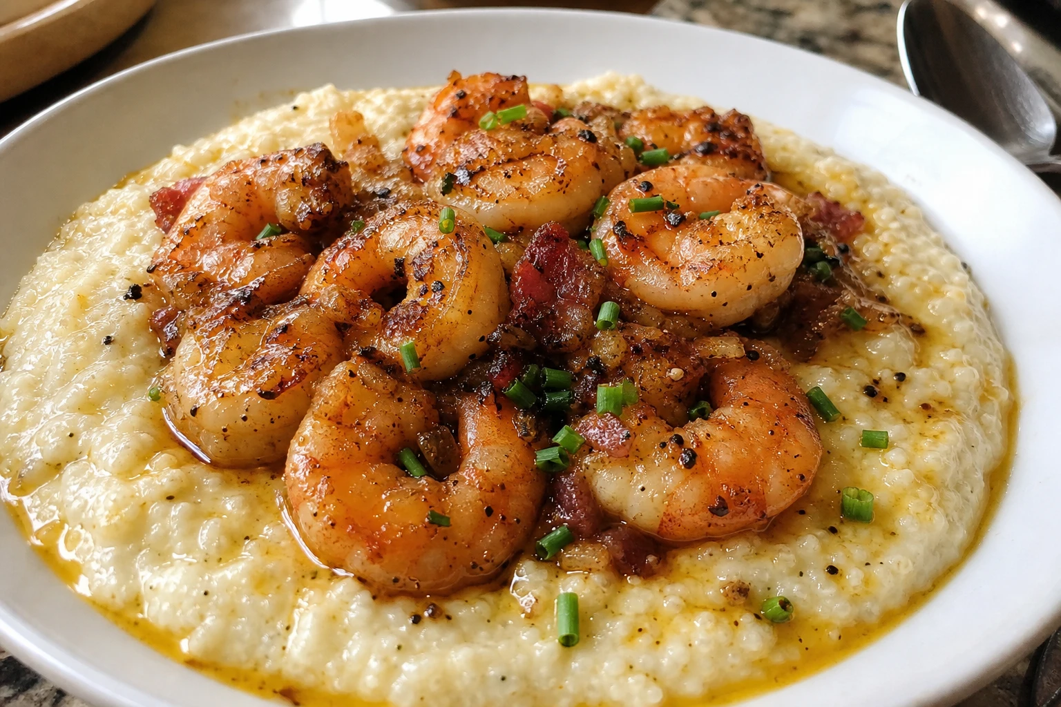 Close up of shrimp saut éd in garlic and spices over buttery grits