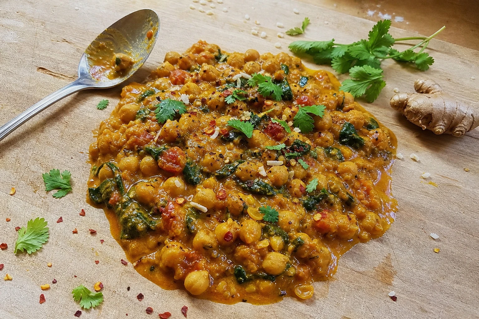 Close-up of the vibrant chickpea stew with coconut and vegetables