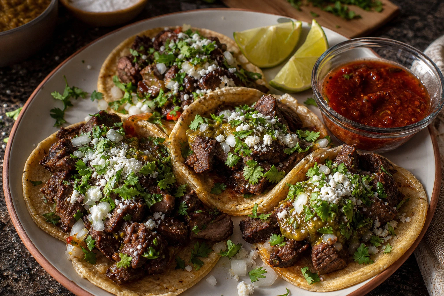 Plate of fresh steak tacos with vibrant toppings and lime wedges