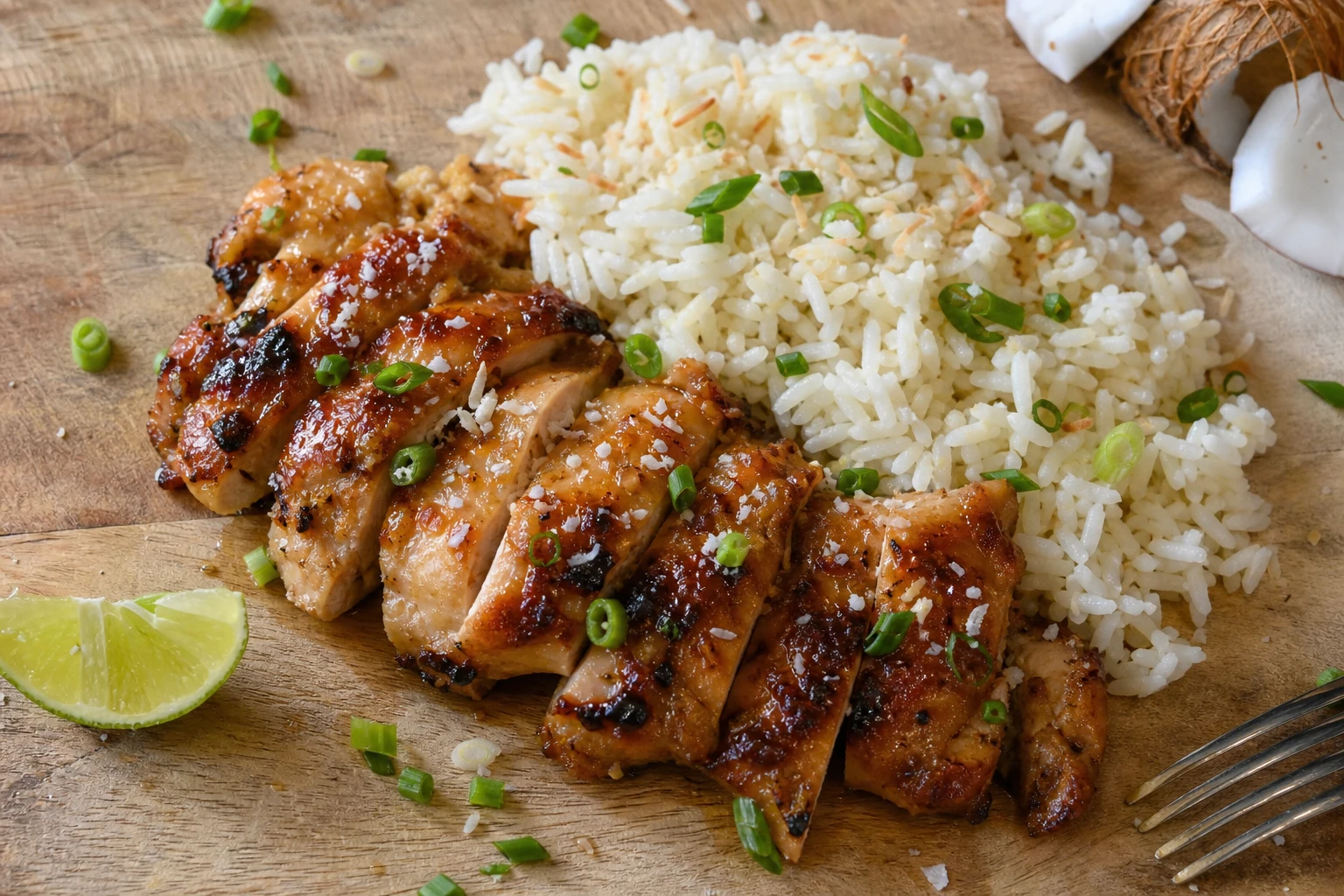 A warm serving of sticky coconut chicken garnished with fresh cilantro