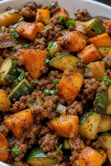 Colorful Sweet Potato Zucchini Beef Skillet in a pan