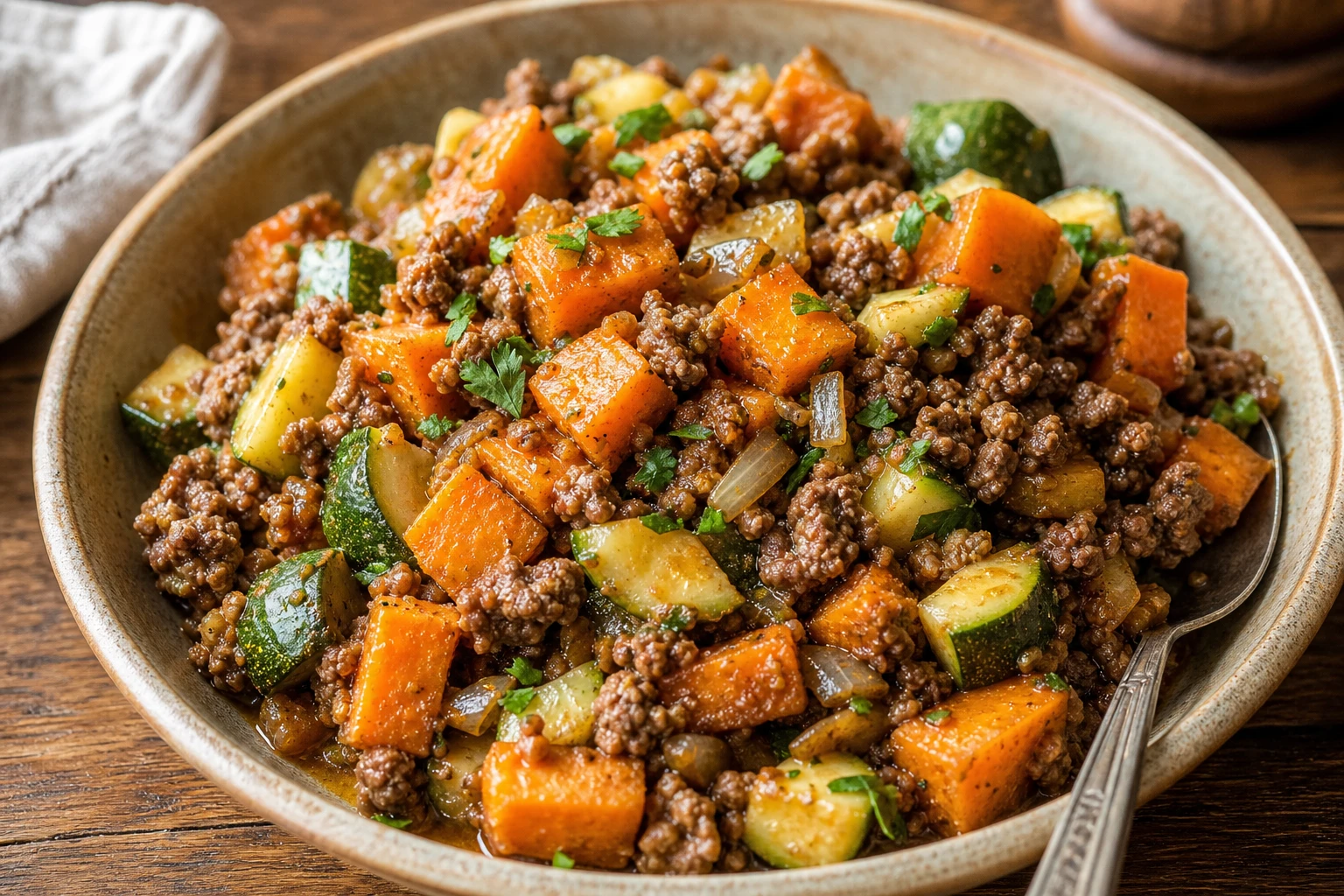 Hearty serving of Sweet Potato Zucchini Ground Beef Skillet
