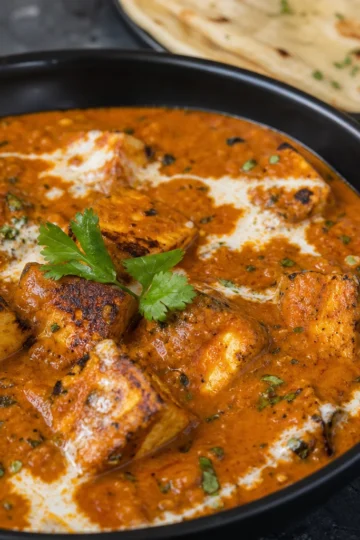 A bowl of creamy tofu tikka masala with fresh cilantro on top, surrounded by warm naan.