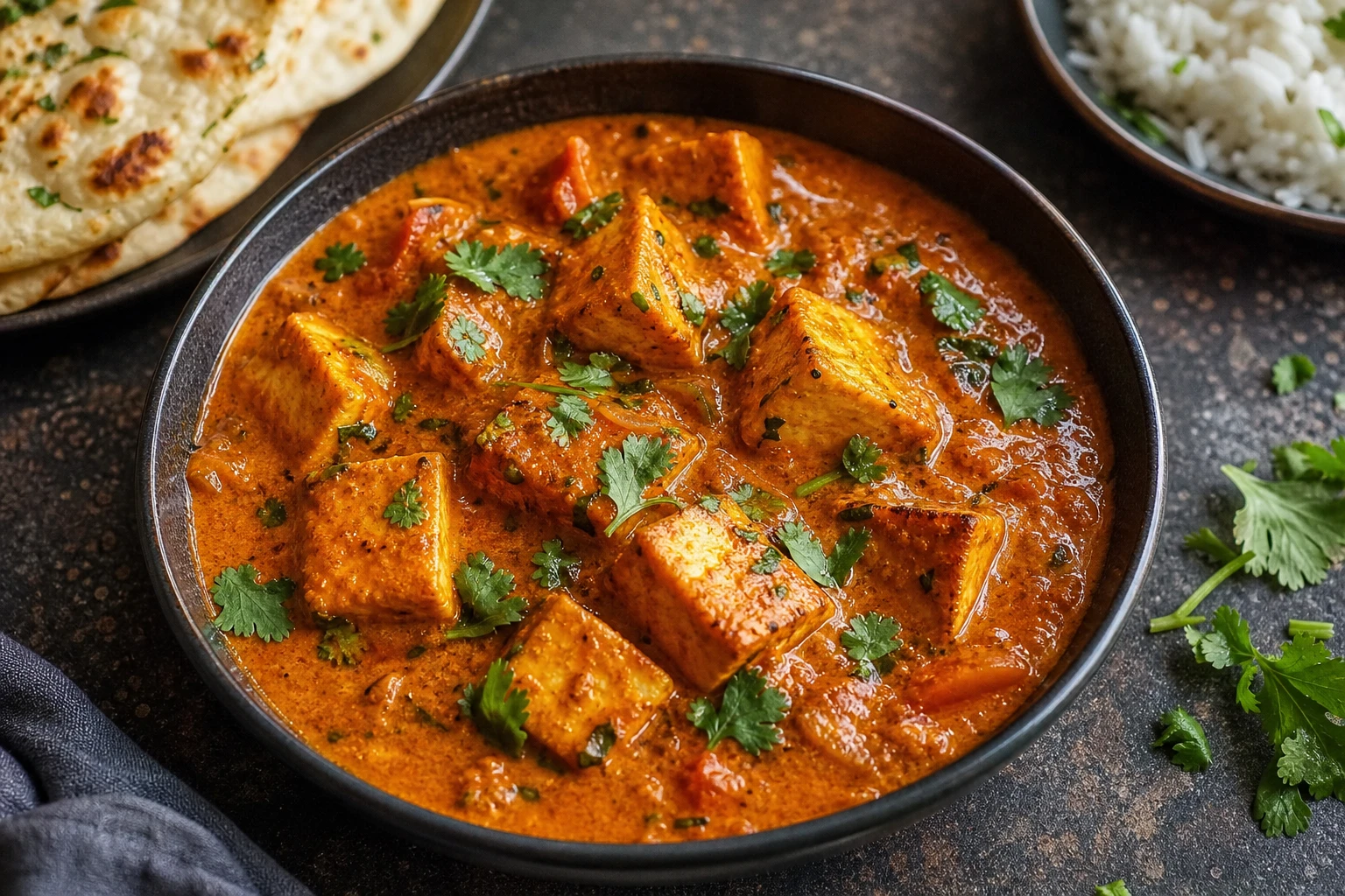 Sizzling tofu in a rich, spiced tomato sauce in a skillet, inviting and aromatic, ready to serve.