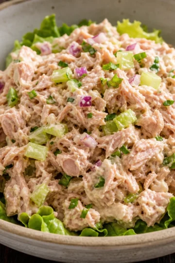 A bowl of creamy tuna salad topped with fresh parsley