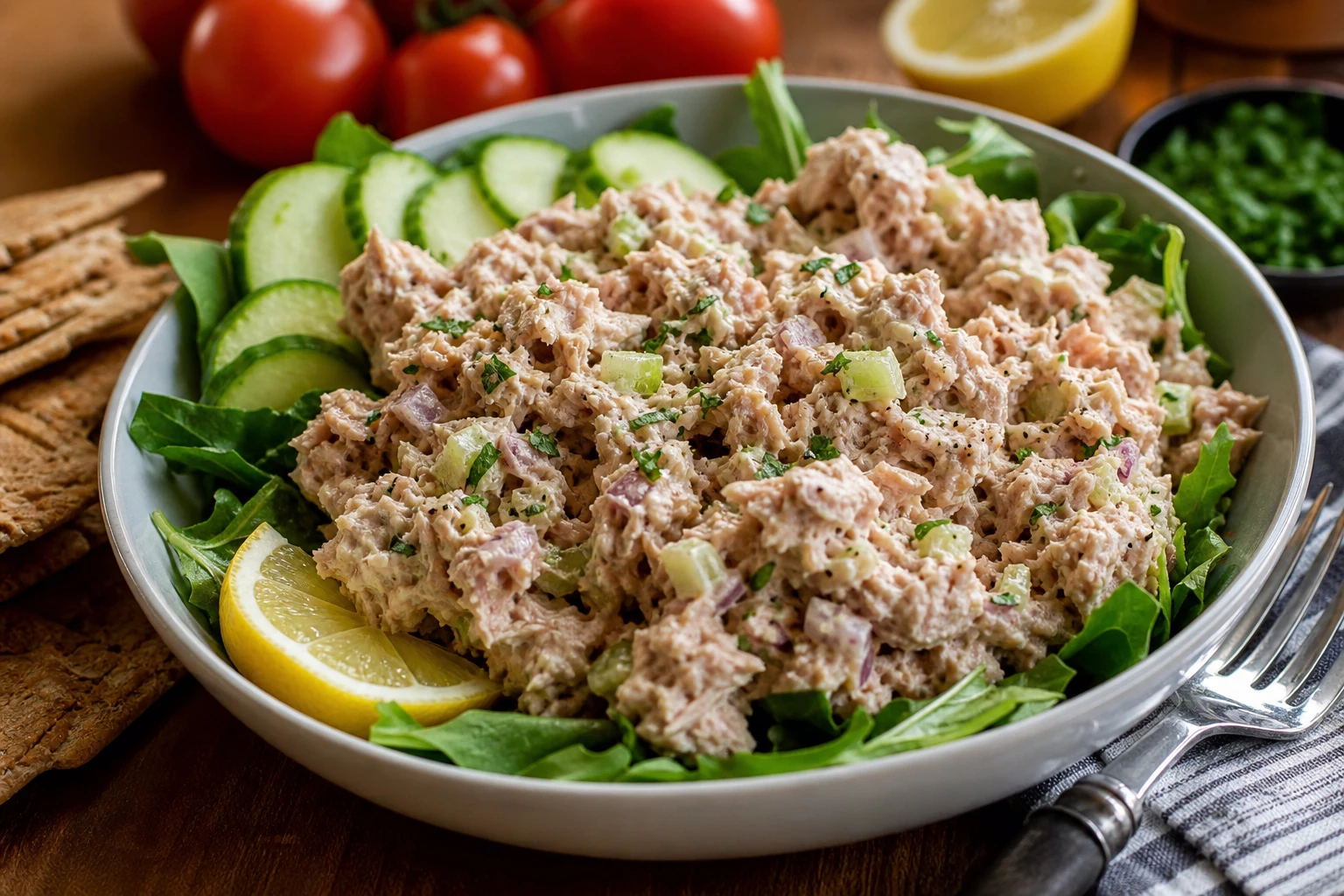 Tuna salad served on lettuce leaves with a lemon wedge