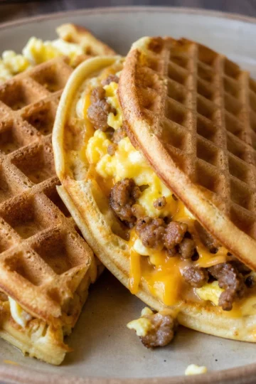 Golden waffles cut into taco shapes filled with sausage and scrambled eggs.