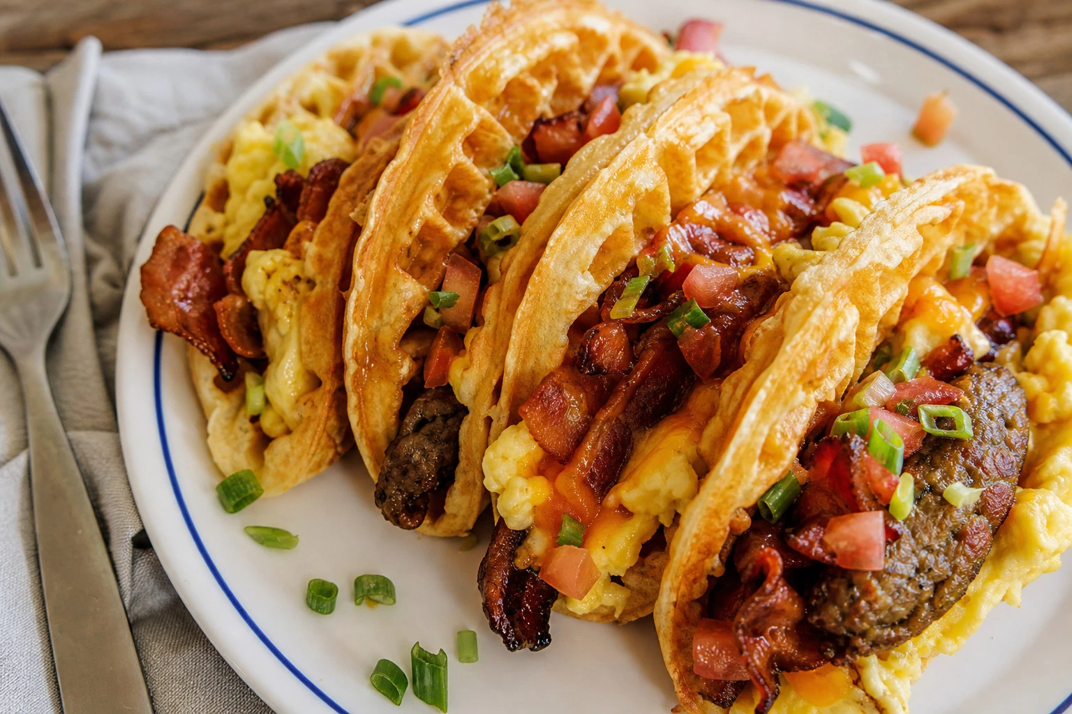 Close-up of a Waffle House taco with melted cheese and garnished with green onions.