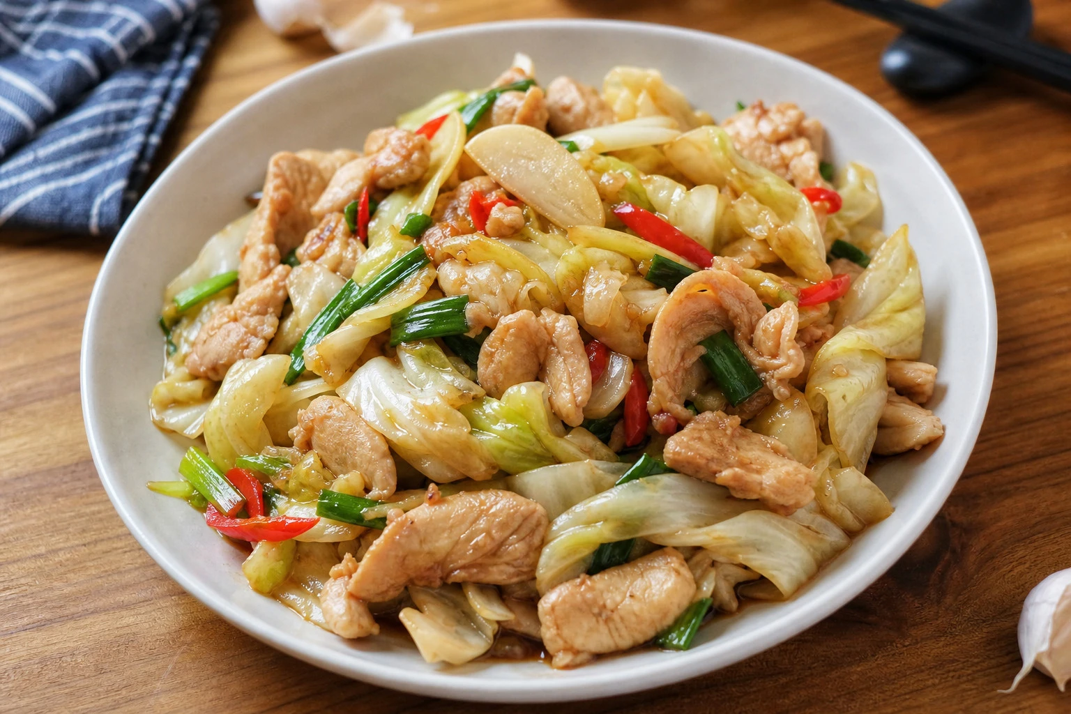 Close-up of vibrant vegetables and chicken in stir-fry
