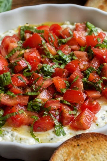 Boursin Bruschetta Dip spread on crispy baguette slices