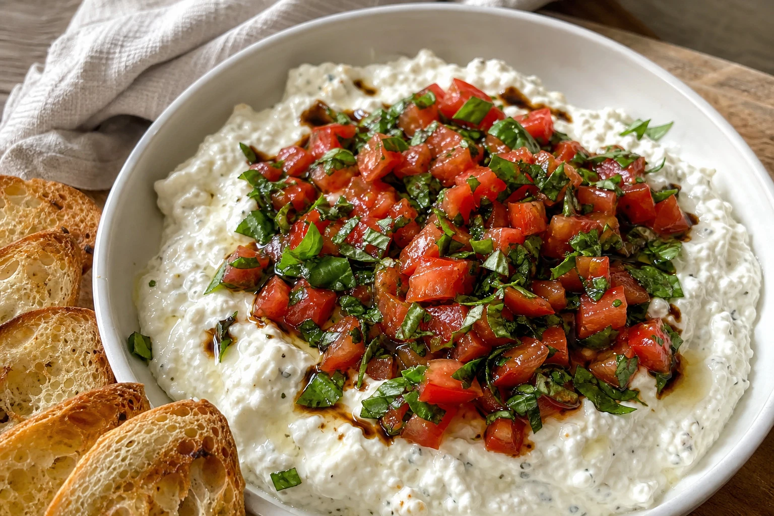 Close-up of colorful tomato and basil in creamy dip