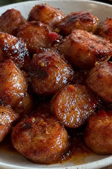 Golden brown hot honey sausage bites on a platter, garnished with parsley