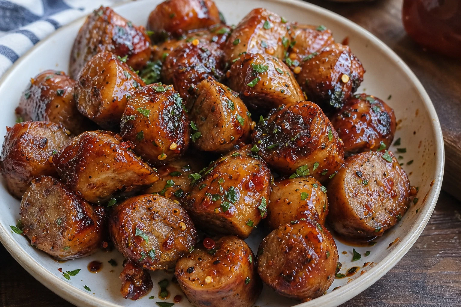 A close-up of juicy sausage bites glistening with hot honey