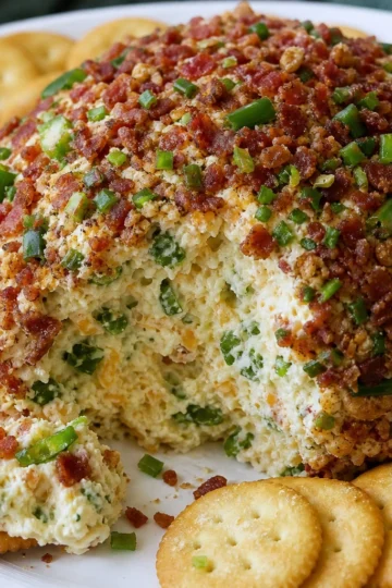 A close-up of a jalapeno popper cheese ball topped with bacon bits and green onions served with colorful vegetable sticks.