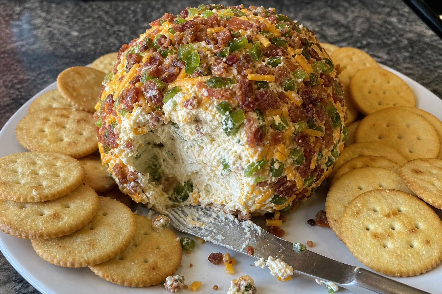 The jalapeno popper cheese ball on a wooden platter surrounded by assorted crackers and dips.
