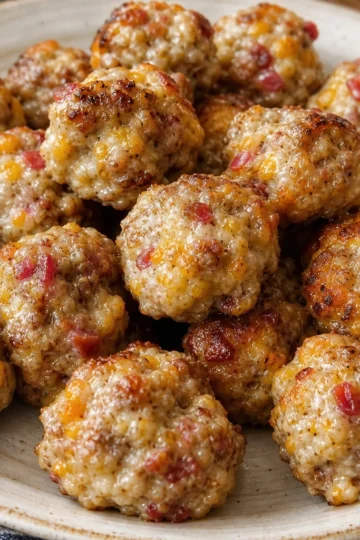 A platter of golden brown Rotel Cream Cheese Sausage Balls fresh out of the oven.
