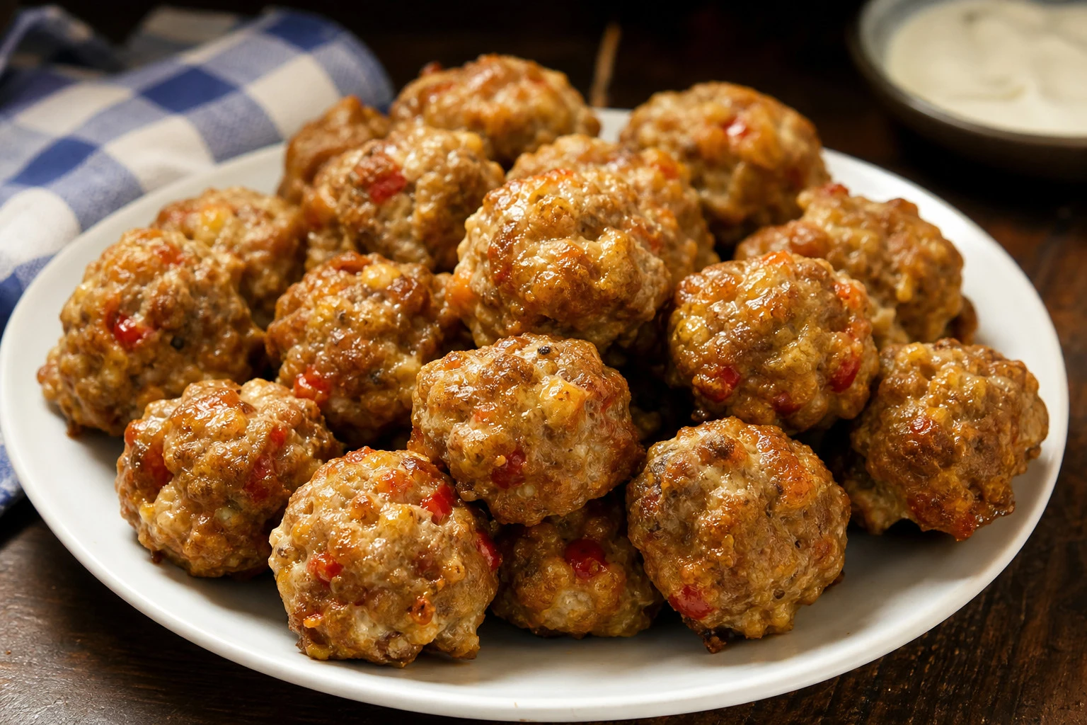 Close-up of a sausage ball oozing with melted cheese and vibrant vegetables.