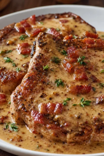 Savory Maple Bacon Pork Chops with creamy Dijon sauce served on a plate.